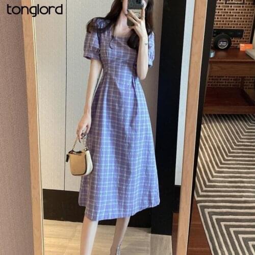 Women Retro Freach Puff Sleeve Square Collar Dresses 2021 Summer High Waist Short Sleeve Plaid A-Line Dress Female Maxi Vestidos