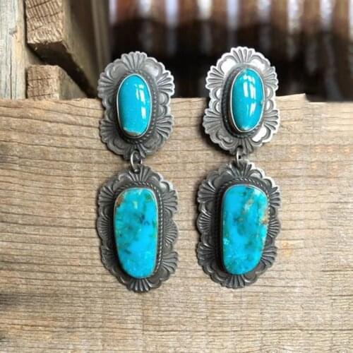 2021 Vintage Turquoises Alloy Pattern Dangle Earrings for Women Bijoux Bohemia Antique Drop Earring Fashion Jewelry Gifts