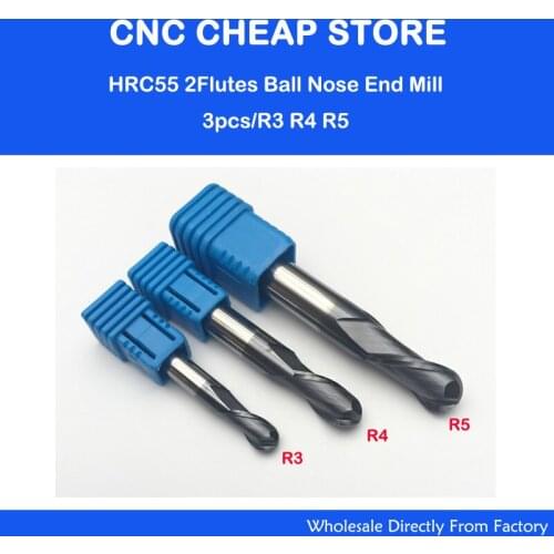 3PCS HRC55 Tungsten Steel Carbide double flute End Mill Bit Milling Cutter Tools Ball Nose CNC Router R3 R4 R5mm