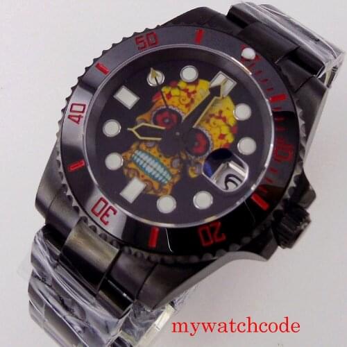 40MM SUB Black PVD Plated Bliger NH35A Mechanical Automatic Men Watch Skeloton Pttern Luminous Dial Oyster Bracelet