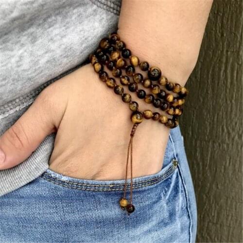 6mm Tiger Eye Gemstone 108 Beads Tassel Mala Bracelet Classic Yoga Buddhism Spiritua Wristband Japa Meditation Spirituality