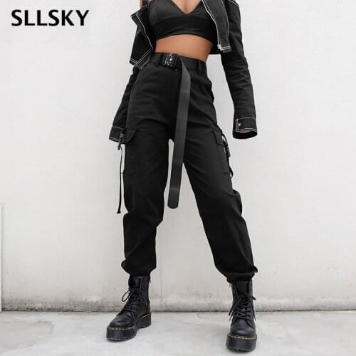 SLLSKY Streetwear Cargo Pants Women Casual Joggers Black High Waist Loose Female Trousers Korean Style Ladies Pants Capri