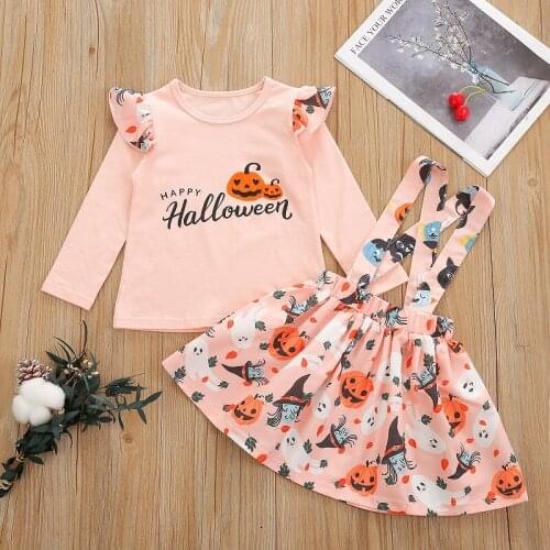 1-6Y Toddler Kids Baby Girl Halloween Clothing Set Long Sleeve T-shirt Floral Suspender Skirt 2PCS Holiday Clothes