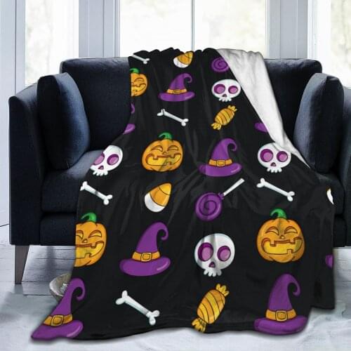 Flannel Blanket Hand Drawn Halloween Pattern Light Thin Mechanical Wash Warm Soft Blankets Throw on Sofa Bed Travel Patchwork