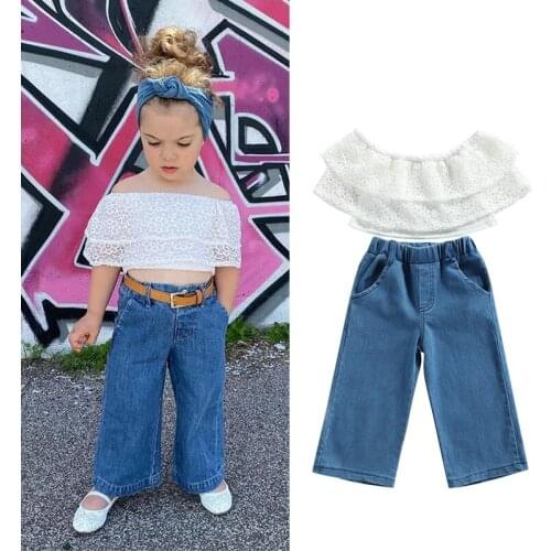 FOCUSNORM 2-7Y Summer Fashion Girls Clothes Sets Lace Floral Off Shoulder Ruffles T Shirts Denim Long Pants