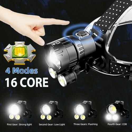 P199 LED Headlamp 16CORE With COB Powerful Headlight USB Rechargeable Outdoor Waterproof Zoom Head Flashlight Use 18650 Battery