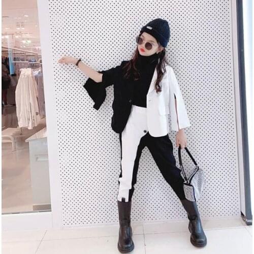 Girls Clothing Sets Autumn Teenage Girls Black And White Patchwork Fashion Jacket + Pants 2Pcs Sets Children Suits Outfits81012t