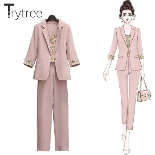 Trytree Summer Women Three Piece Set Casual Notched Lapel Coat + Floral Vest+ Elastic Waist Harem Pants Office Lady 3 Piece Suit