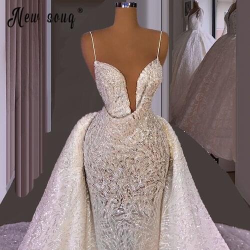 Sweetheart Lace Champagne Spaghetti Strap Mermaid Wedding Dress Bridal Gowns Detachable Train Real Photo Pageant