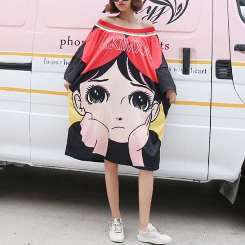 Slash Neck Summer Shirt For Women 2020 Red Character Pattern Dress Black Flare Sleeve Shirt Dress T Shirt Dress Z627