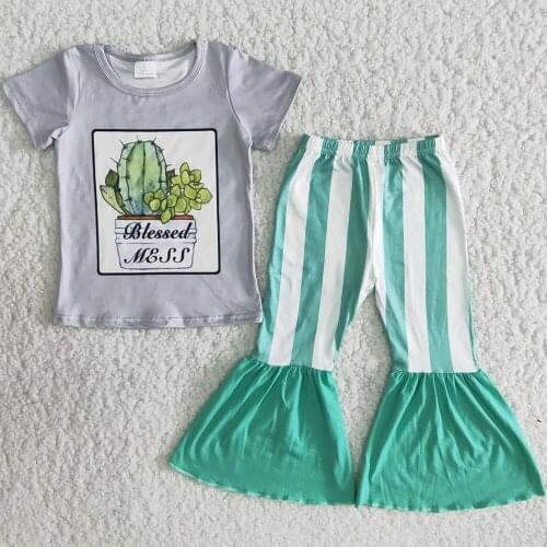 Hot Children Baby Girls Boutique Clothing Sets Cactus Bell Bottom Pants Stripe Wholesale Kids Clothes Toddler Baby Girls Clothes