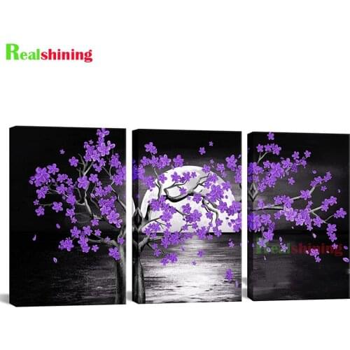 Moon Purple Flora Diamond Painting Cross Stitch 5D Diy Diamond Mosaic 3 Pieces Purple Flower Black and White Seascape N2322