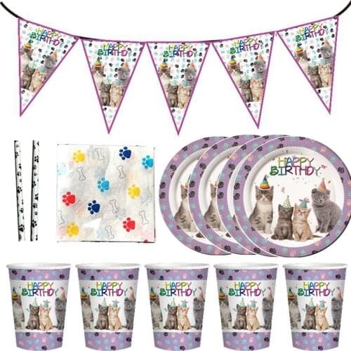 Cat Theme Tableware Set Pink Girls' Favor Birthday Baby Shower Party Supplies Paper Cup Plate Napkin Mary Foil Balloon Supplies