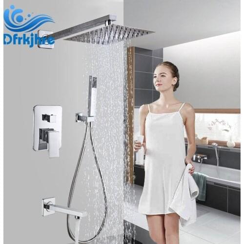 Bathroom Wall Mount 8/10/12/16" Rainfall Shower Faucet Set Concealed Chrome Shower System Bathtub Shower Handshower Mixer Tap