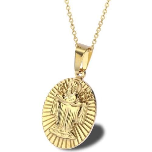 RIR Delicate Christian Jesus Necklace Gold Stainless Steel with Chain Charm Oval Jesus Necklace For Religious Jewelry