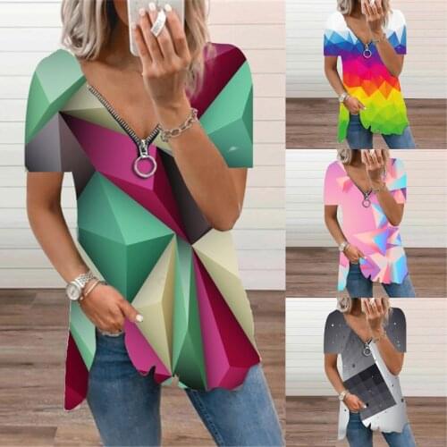 2021 Summer New Short Sleeve 3D Printing Top Womens Zipper V-neck T Shirt Casual Plus Size Tees Streetwear Mujer Women Clothing