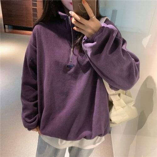 2021 Purple Black Winter Fleece POLO Collar Sweatshirt Women Oversized Hip Hop Streetwear Clothes for Teens Plus Size Hoodies
