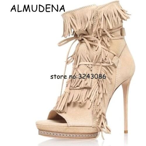 Suede Fringed High Platform Women Ankle Boots Tassel Lace Up High Heels Motorcycle Boots Shoes Peep Toe Short boots Shoes