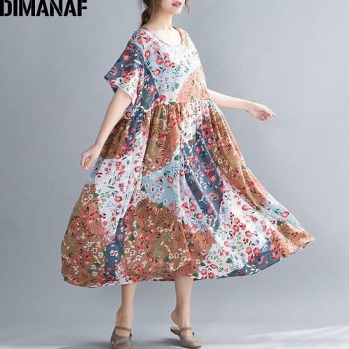 DIMANAF Oversize Summer Women Dress Sundress Print Floral Beach Style Lady Vestidos Cotton Casual Loose Plus Size Clothing 2020