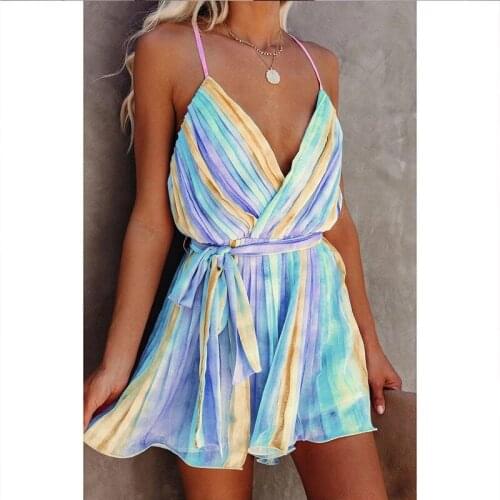 2021 Ladies Dress Color Stripe Print Summer Dress Womens Halter Beach Bohemian Mini Sun Dress Robe Chiffon V-neck Short New
