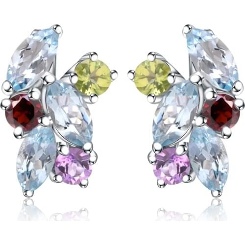 Gems Ballet 100% 925 Sterling Silver Jewelry Multicolor Natural Sky Blue Topaz Garnet Peridot Amethyst Stud Earrings For Women