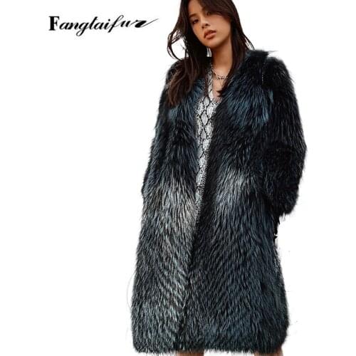 Ftangaiur 2021 Winter Women Fox Fur Coat Long Sleeve Fox Coats V-Neck Peacock Blue Color Womens Real Long Fox Fur Coats