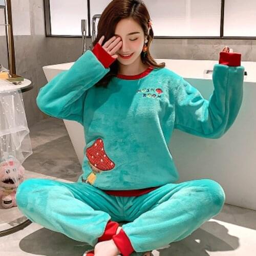 2021 Winter Pajama Women Korean Sleepwear Cute Cartoon Flannel Pajamas Set Velvet Warm Pijama Round Neck Pyjama Homewear Women
