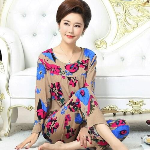 Mommy pajamas printed elegant 2PC summer pajamas cotton and linen middle-aged and elderly plus size thin home service pijamas