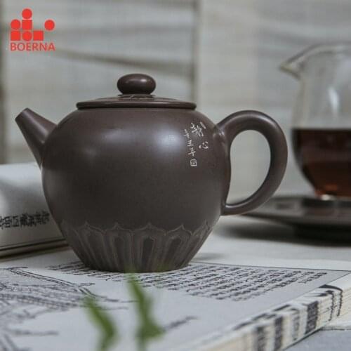 BOERNA Nixing Pottery Tea Pot No Yixing Natural Ore and Clay Manual Sculpture Buddha Edge Kettle Gift Box Packaging Puer Teaware