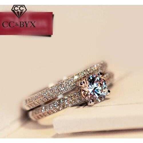 CC Jewelry Sterling Silver Double Rings For Women Classic Stackable Bridal Sets Wedding Engagement Ring Fashion Anillo CC634