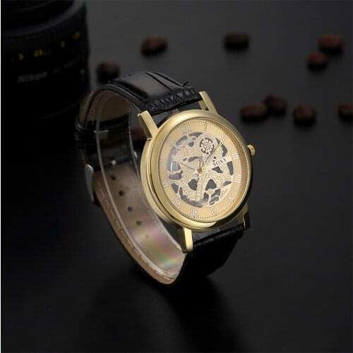 SOXY Luxury Brand Watch Fashion Hollow Out Skeleton Dial Quartz Watches Men Leather Analog Watch Hombre Hour Relogio Masculino