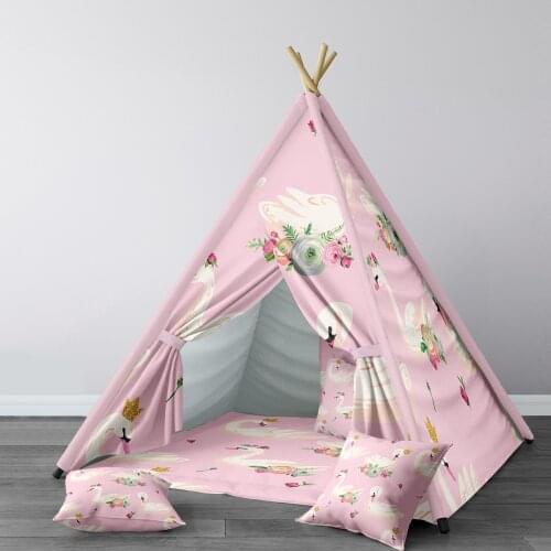 Play Tent for Kids Wigwam Portable Indoor Playground Tents Children Bedrooms Noble Swans Pink Flowers Pattern 073