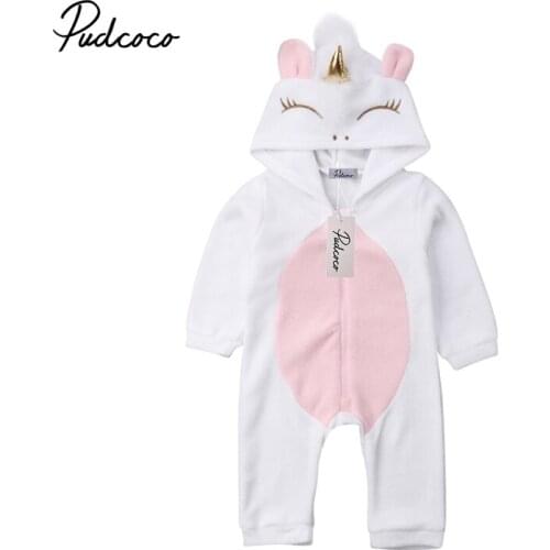 Newborn Baby Girl 3D Unicorn Flannel Romper Jumpsuit Toddler Kids Hooded Rompers Winter Warm Overalls Outfit Clothes Playsuit