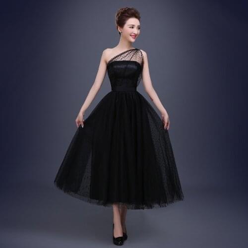 Best Selling Black Prom Dresses One Shoulder Pleats Polka Dot Tulle Tea Length Party Evening Gowns Short Vestido De Festa
