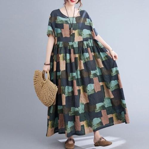 4XL 5XL 6XL Cotton Linen Dresses For Women Plus Size Summer Maxi Boho Dress Vintage Plaid One Piece Beach Dress Ladies Vestidos