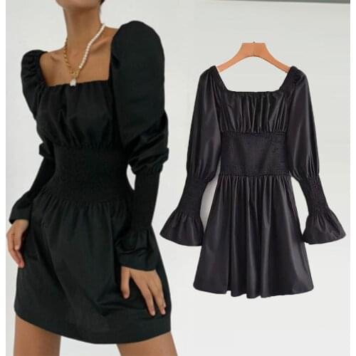 Klkxmyt Za Women 2021 Chic Fashion Folds Mini Dress Vintage Long Sleeve Square Collar Elastic Female Dresses Vestido Mujer