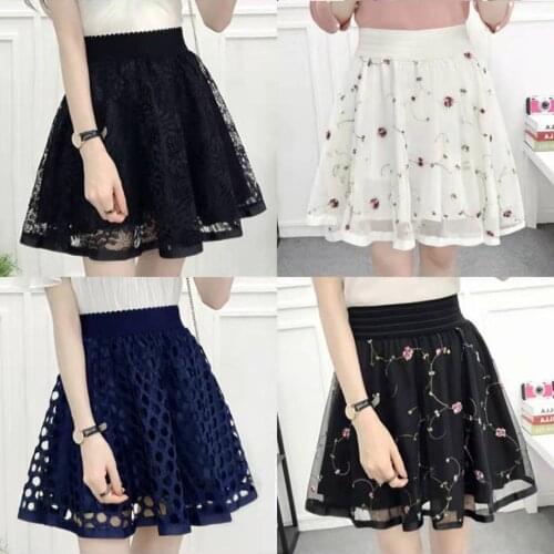Korean Style Short Pleated Skirt Womens Stretch Waist Lace Mini Skirt Women Street Style Beach A-line Summer Dress