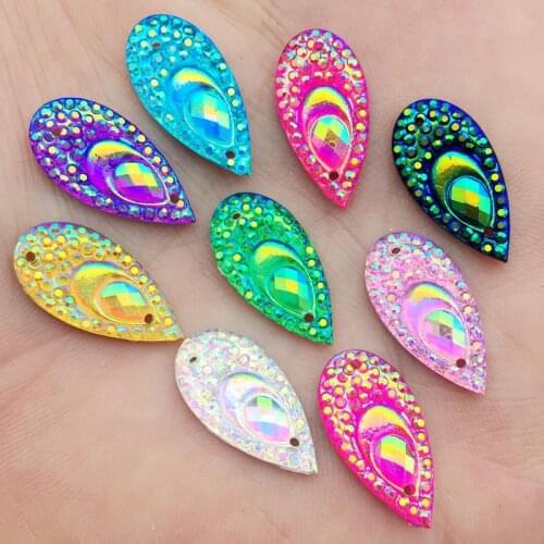 40pcs 10*20mm AB Color Sew On Rhinestones buttons Shiny peacock eye Drop Resin Rhinestone Crystals Stones For DIY Wedding