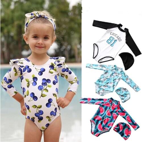 Girls Swimwear Long Sleeve One Piece Childrens Swimwear Cute Print Baby Swimsuit Kids Sun Protection Bathing Suits Girl