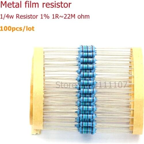 100PCS/LOT 1/4W 1R~22M 1% Metal film resistor 100R 220R 1K 1.5K 2.2K 4.7K 10K 22K 47K 100K 100 220 1K5 2K2 4K7 ohm Resistance
