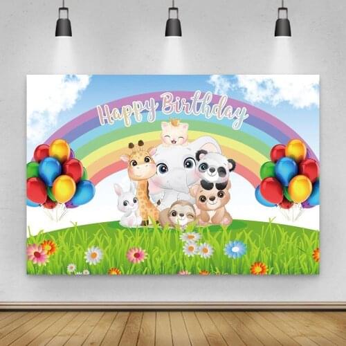 Cartoon Animals Panda Tiger Elephant On Green Grass Photo Background Kids Birthday Rainbow Balloons Flowers Backdrop Photography