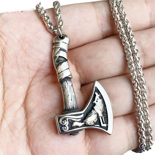 Mens Viking Wolf Raven Axe Pendant Necklace Stainless Steel Chain Set Men