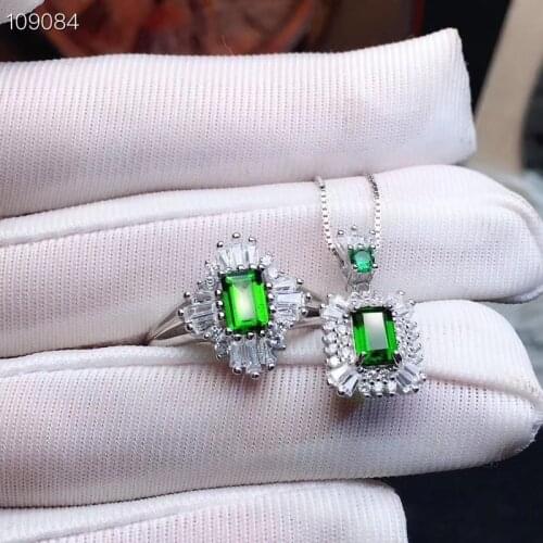 Lovely Square Pillow geometry S925 silver natural green diopside gem ring pendant natural gemstone jewelry set girl jewelry