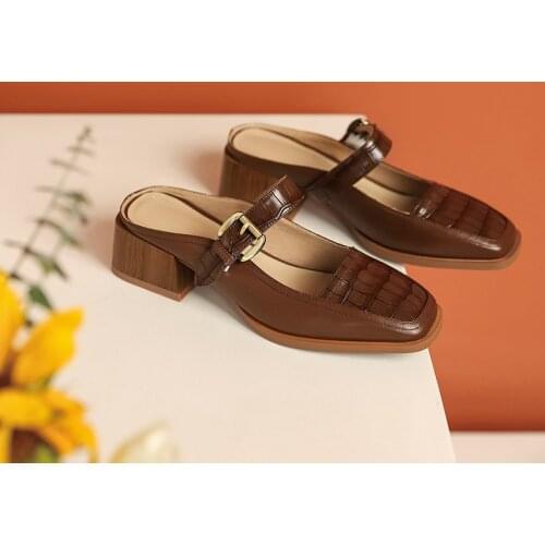 New Fashion Genuine Leather Women Shoes Classics Stone Texture Buckle Women Sandals Square Heel Handmade Slippers Size 34-40