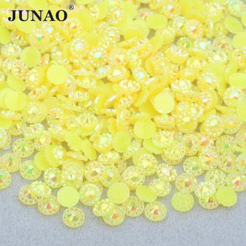 JUNAO 4 5 6mm Glitter Yellow AB Flower Rhinestone Nail Art Sticker Flatback Resin Applique Glue On Scrapbook Crystal Strass