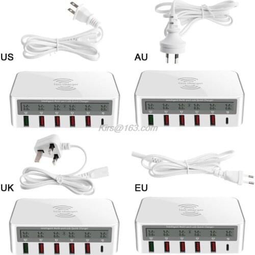 Universal 100W 5x USB QC 3.0 & Type C PD Fast Charger Adapter Qi Wireless Charger Station for iPhone ipad Samsung Xiaomi Huawei