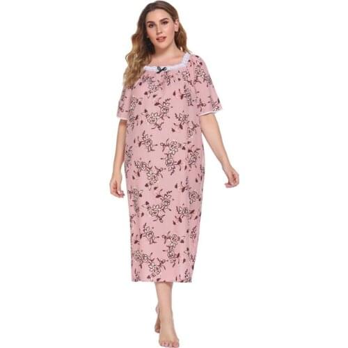 Spring Ladies Short Sleeve Printed Floral Nightgowns Casual Long Nightdress Women Sleep Clothes