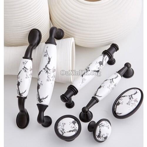Vintage 10PCS European Retro Kitchen Door Handle Ink bamboo Ceramic Printing Cupboard Wardrobe Drawer Cabinet Pull Handles&Knobs