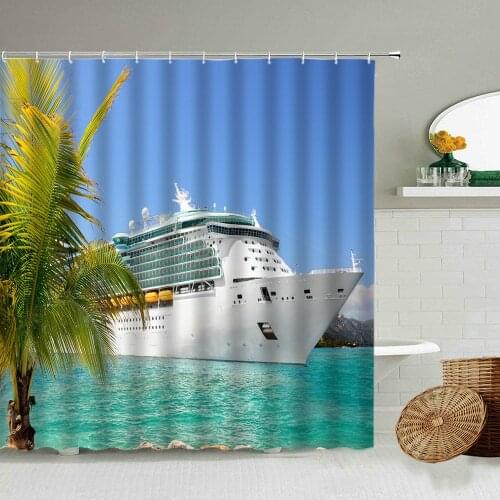 Blue Ocean Cruise Ship Shower Curtain Coconut Tree Holiday Sea Scenery Bathroom Bathtub Art Waterproof Polyester Cloth Curtains