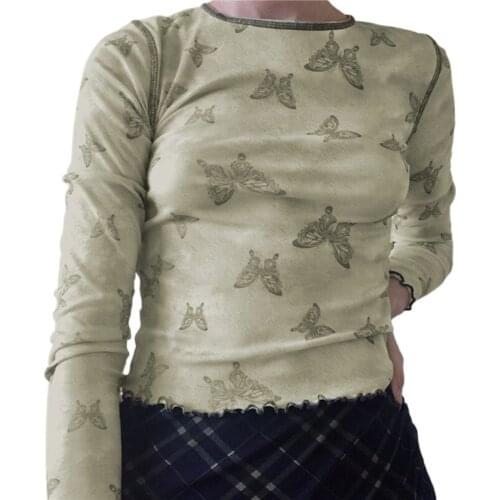 Women Round Neck Long Sleeve Butterfly Print T-shirt Color Block Lettuce Trim Pullover Autumn 90s Y2k Slim Tee Top